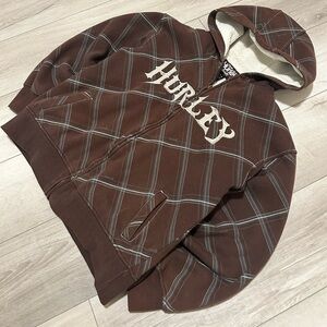 Women's Y2K Hurley Chocolate Checkered Full Zip Up Hoodie Size Large